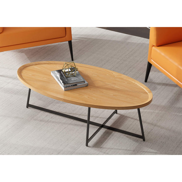 Niklaus 47 Inch Oval Veneer Coffee Table with Sleek Steel Base for Modern Living Rooms