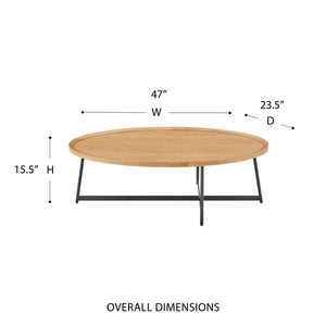 Niklaus 47 Inch Oval Veneer Coffee Table with Sleek Steel Base for Modern Living Rooms