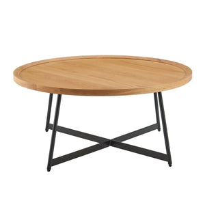Niklaus 35 Inch Round Coffee Table with Wood Veneer Top and Bold Steel Base for Living Room