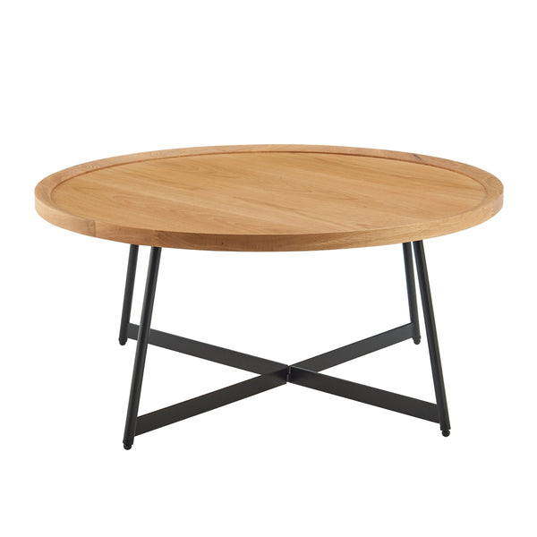 Niklaus 35 Inch Round Coffee Table with Wood Veneer Top and Bold Steel Base for Living Room