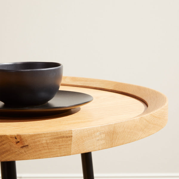 Niklaus Round Side Table with Ash Veneer Top and Bold Steel Base for Modern Living Rooms