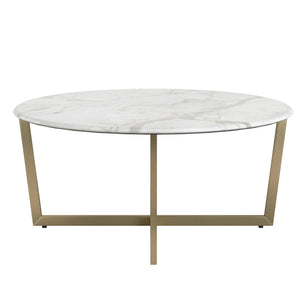 Llona 36 Inch Round Marble Melamine Coffee Table with Sculpted Metal Base for Living Room
