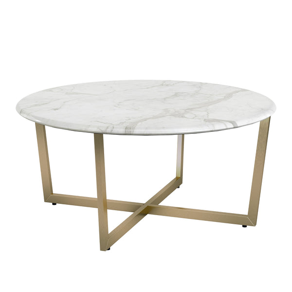 Llona 36 Inch Round Marble Melamine Coffee Table with Sculpted Metal Base for Living Room