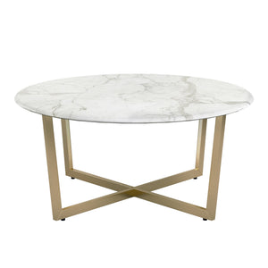 Llona 36 Inch Round Marble Melamine Coffee Table with Sculpted Metal Base for Living Room