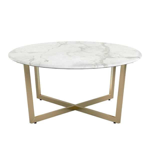 Llona 36 Inch Round Marble Melamine Coffee Table with Sculpted Metal Base for Living Room