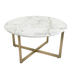 Llona 36 Inch Round Marble Melamine Coffee Table with Sculpted Metal Base for Living Room