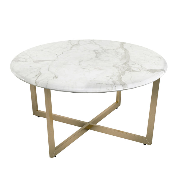 Llona 36 Inch Round Marble Melamine Coffee Table with Sculpted Metal Base for Living Room