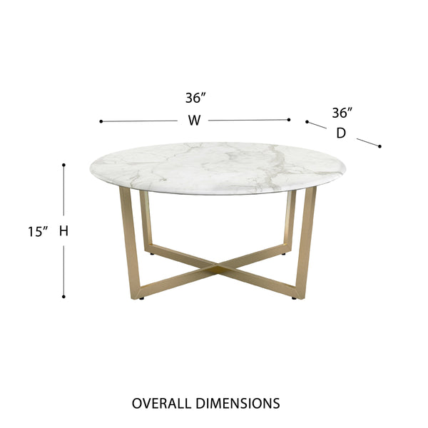 Llona 36 Inch Round Marble Melamine Coffee Table with Sculpted Metal Base for Living Room
