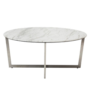 EE Test Vendor Llona 36 Inch Round Marble Melamine Coffee Table with Sculpted Metal Base for Living Room White/Brushed Stainless Steel EETEST-90376WHT