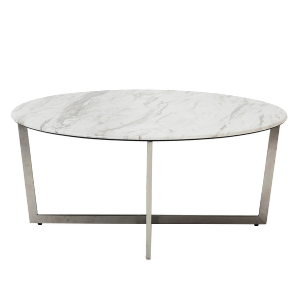 EE Test Vendor Llona 36 Inch Round Marble Melamine Coffee Table with Sculpted Metal Base for Living Room White/Brushed Stainless Steel EETEST-90376WHT