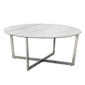 Llona 36 Inch Round Marble Melamine Coffee Table with Sculpted Metal Base for Living Room