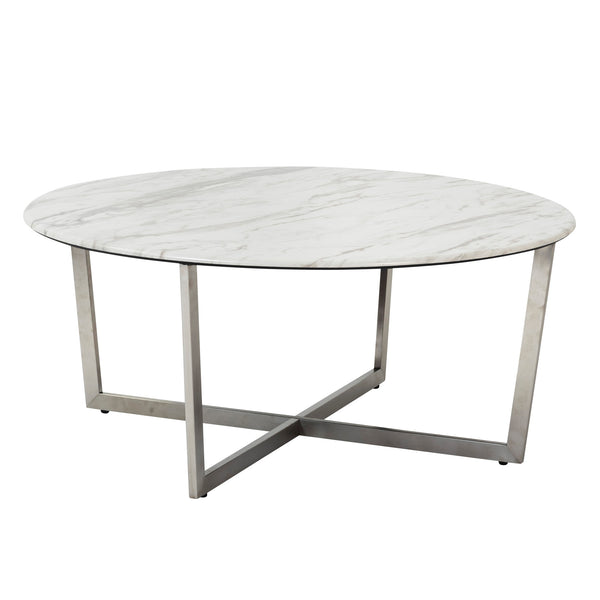 Llona 36 Inch Round Marble Melamine Coffee Table with Sculpted Metal Base for Living Room