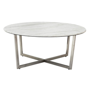 Llona 36 Inch Round Marble Melamine Coffee Table with Sculpted Metal Base for Living Room