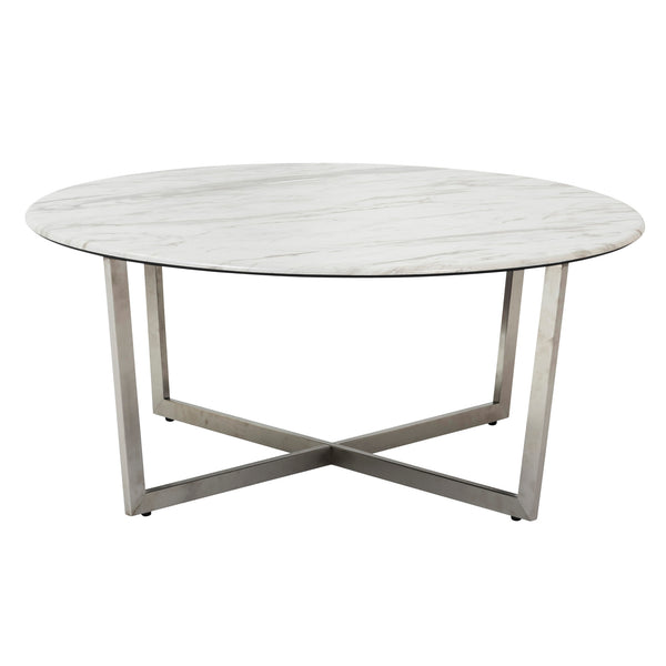 Llona 36 Inch Round Marble Melamine Coffee Table with Sculpted Metal Base for Living Room