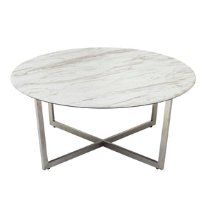 Llona 36 Inch Round Marble Melamine Coffee Table with Sculpted Metal Base for Living Room