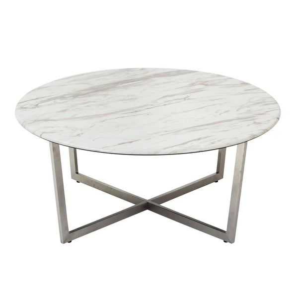 Llona 36 Inch Round Marble Melamine Coffee Table with Sculpted Metal Base for Living Room