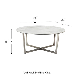 Llona 36 Inch Round Marble Melamine Coffee Table with Sculpted Metal Base for Living Room