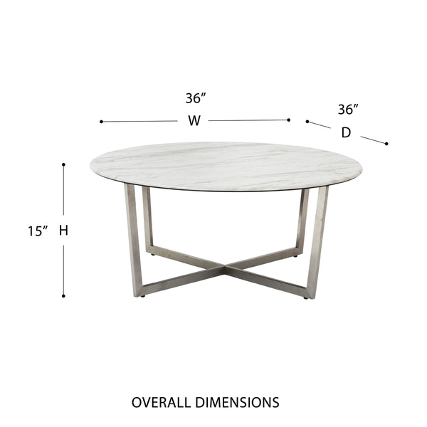 Llona 36 Inch Round Marble Melamine Coffee Table with Sculpted Metal Base for Living Room
