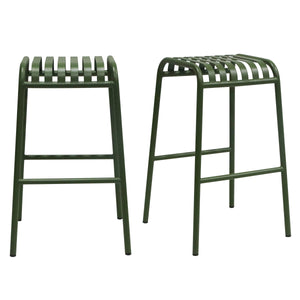 EE Test Vendor Enid Powder Coated Steel Outdoor Bar Stool Stackable Slat Design Rust Resistant Patio Seating Dark Green EETEST-90732-DKGRN