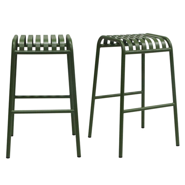 EE Test Vendor Enid Powder Coated Steel Outdoor Bar Stool Stackable Slat Design Rust Resistant Patio Seating Dark Green EETEST-90732-DKGRN