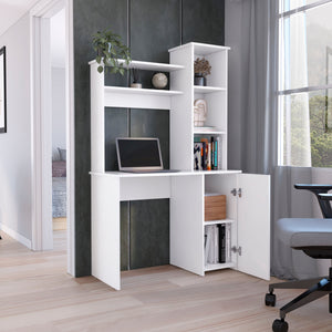 English Elm Muncy Computer Desk White with Hutch, Spacious 25.8"W Work Surface and Versatile 3-Tier Cabinet Storage B097133099