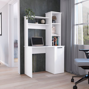 English Elm Muncy Computer Desk White with Hutch, Spacious 25.8"W Work Surface and Versatile 3-Tier Cabinet Storage B097133099