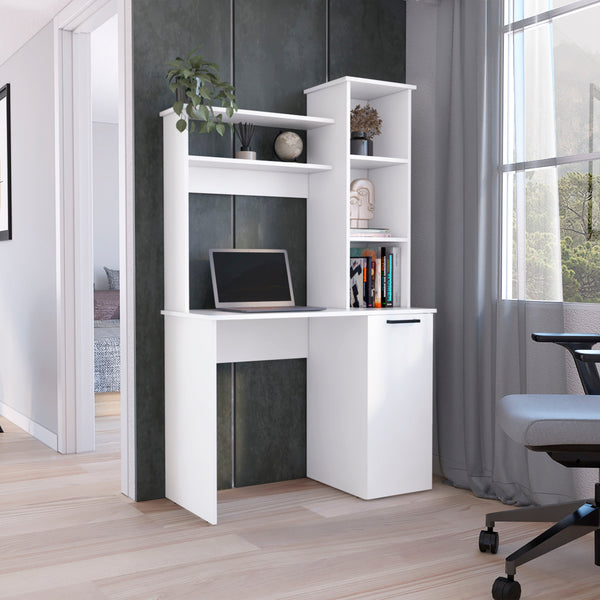 English Elm Muncy Computer Desk White with Hutch, Spacious 25.8"W Work Surface and Versatile 3-Tier Cabinet Storage B097133099