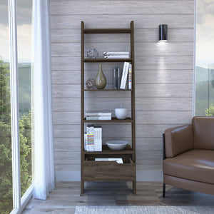 English Elm Oslo Dark Walnut Ladder Bookcase with Drawer, Five Open Shelves, Sturdy Four-Leg Frame for Home B07091974