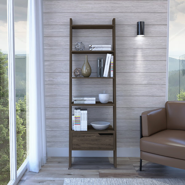 English Elm Oslo Modern Ladder Bookcase Dark Walnut – Five Open Shelves, One Drawer, Wall-Mounted Stylish Storage B20091974