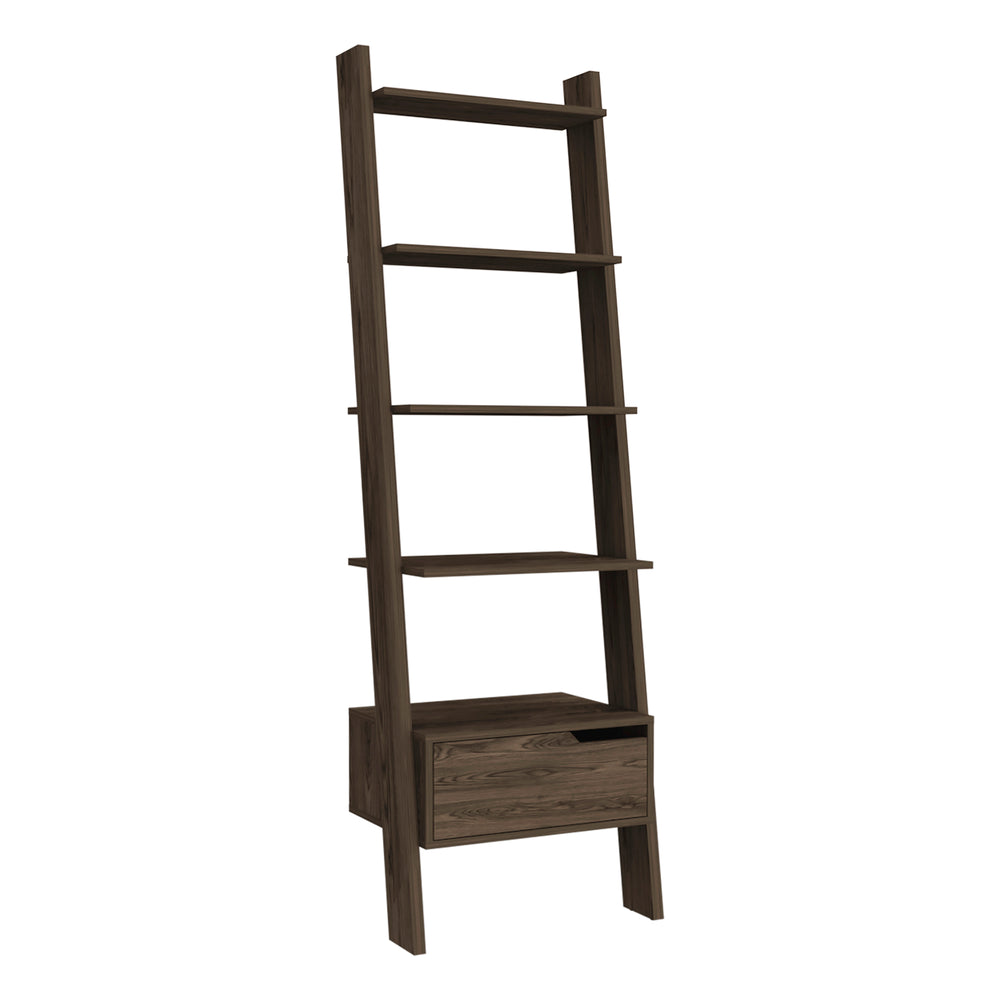 English Elm Oslo Modern Ladder Bookcase Dark Walnut – Five Open Shelves, One Drawer, Wall-Mounted Stylish Storage B20091974