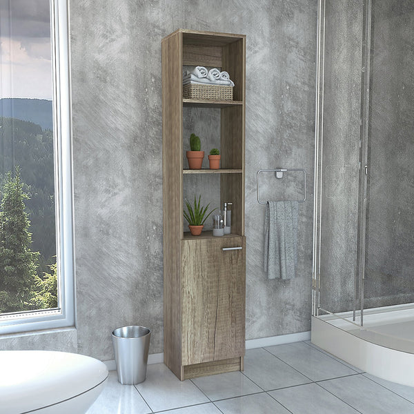 English Elm Malaga Linen Cabinet with Concealed Door and Three Open Shelves, 63" Tall Space-Saving Storage Solution Beige 66.5 L x 16.9 W x 3.9 H B20091942
