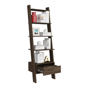 English Elm Ladder Dark Walnut Bookcase with One Drawer and Five Open Shelves, Space-Saving Leaning Design, Durable B097133049