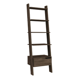 English Elm Ladder Dark Walnut Bookcase with One Drawer and Five Open Shelves, Space-Saving Leaning Design, Durable B097133049
