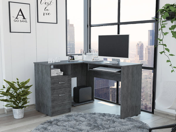 English Elm Mix L-Shaped Desk with Retractable Keyboard Tray, Two Drawers & Open Shelf for Corner Workspaces Smoke Grey 51.2 L x 21.7 W x 6.7 H B20091963
