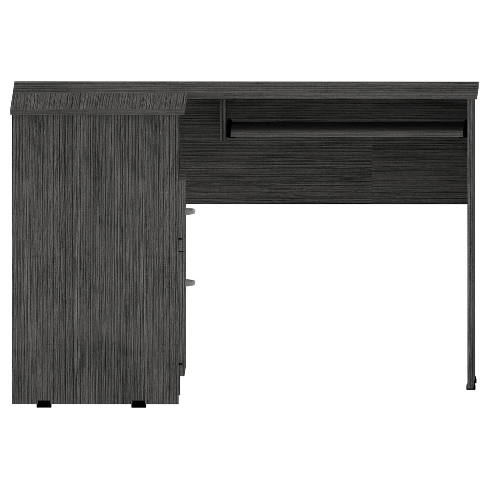English Elm Mix L-Shaped Desk with Retractable Keyboard Tray, Two Drawers & Open Shelf for Corner Workspaces Smoke Grey 51.2 L x 21.7 W x 6.7 H B20091963