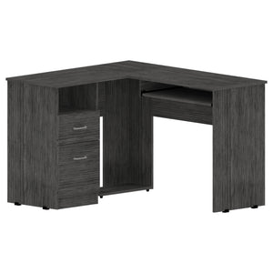 English Elm L-Shaped Desk With Keyboard Tray, Two Drawers & Open Shelf - Stylish Smokey Oak Corner Workspace B097133037