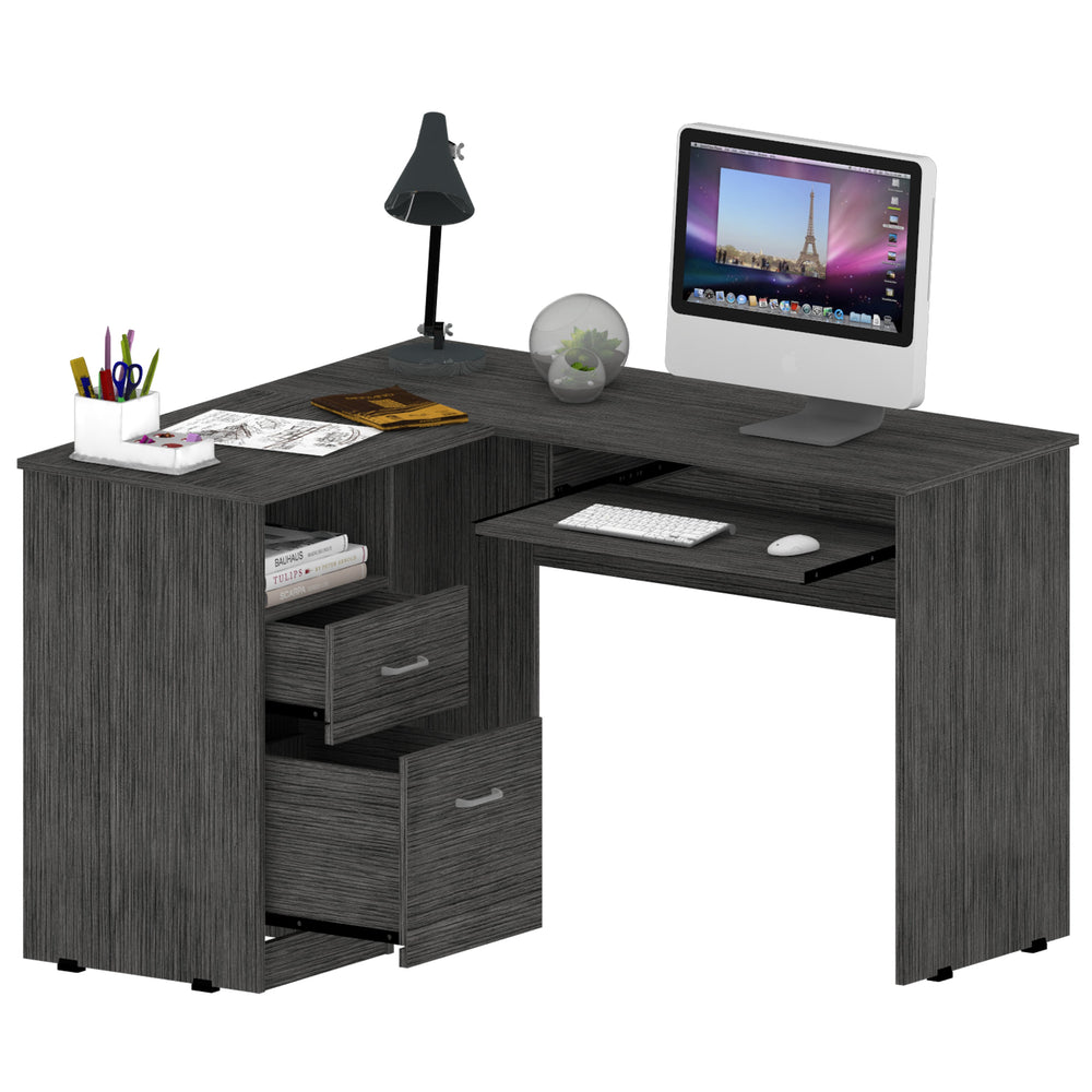 English Elm L-Shaped Desk With Keyboard Tray, Two Drawers & Open Shelf - Stylish Smokey Oak Corner Workspace B097133037