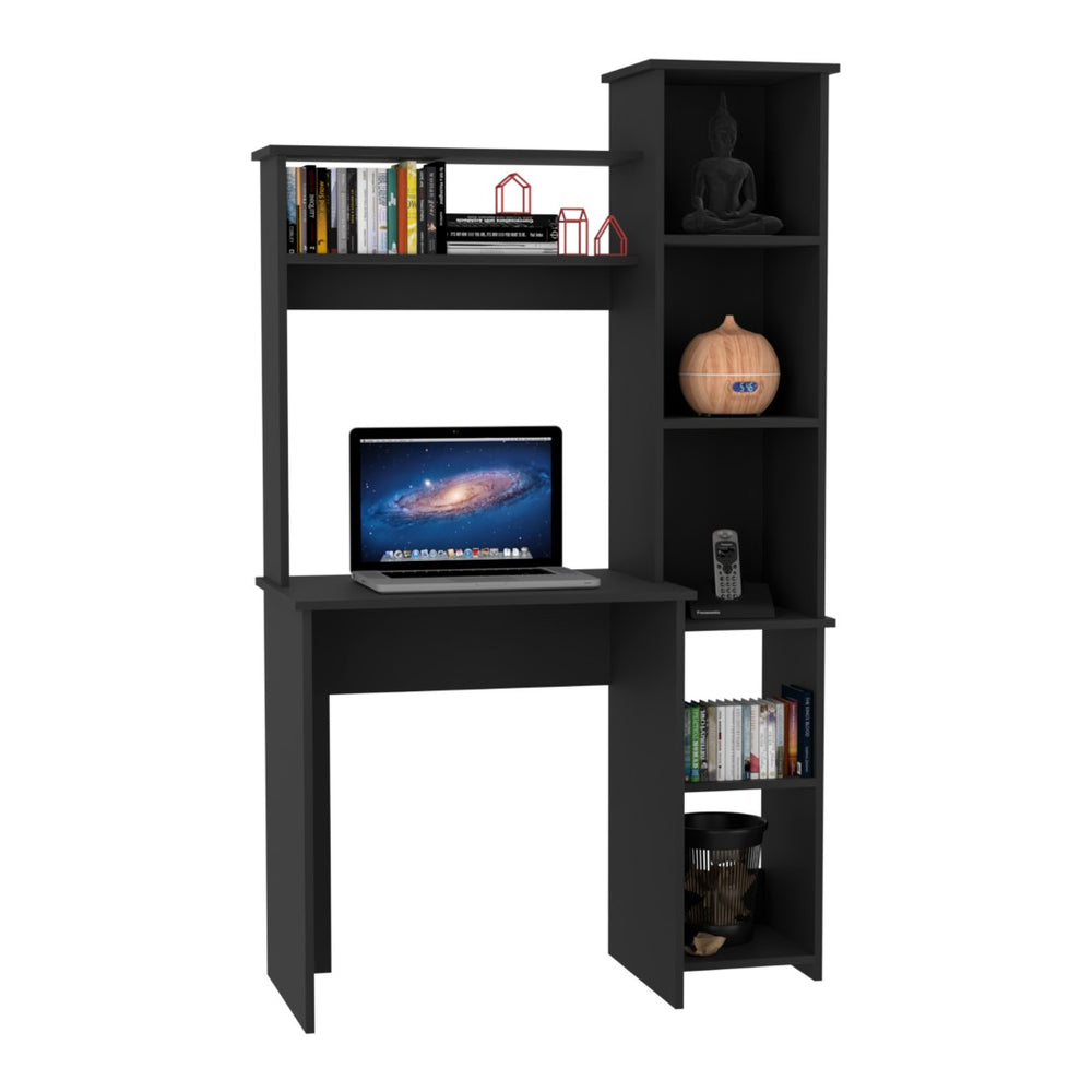 English Elm Versalles Compact Writing Desk With Dual Shelves And Five Cubbies - Sleek Black Design For Small Spaces B07092001-GIGA