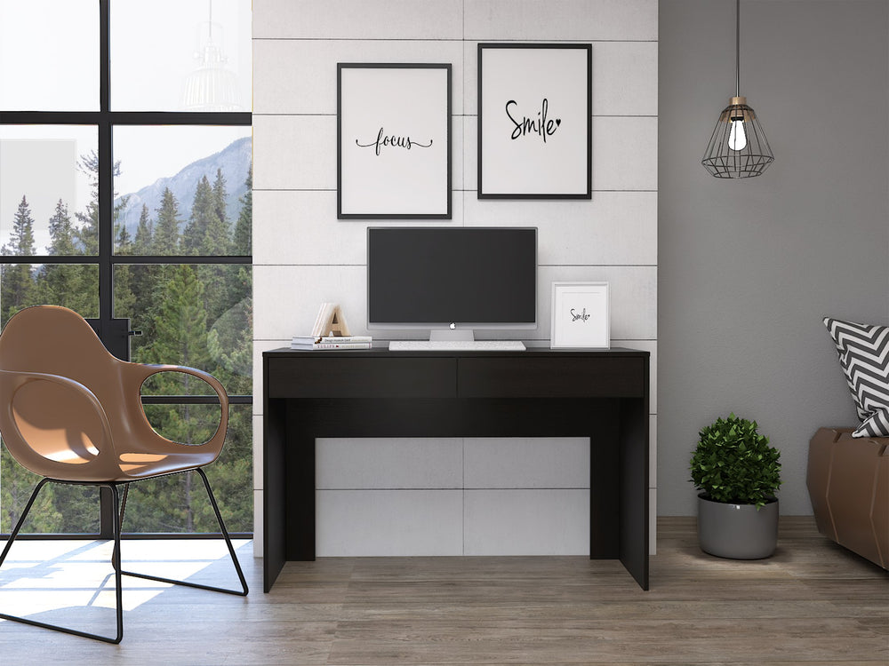 English Elm Acre Modern Writing Desk With Two Drawers - Sleek Black Design For Productivity & Organization B07091889