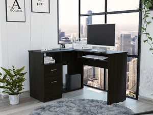 English Elm Mix L-Shaped Desk with Retractable Keyboard Tray, Two Drawers & Open Shelf for Corner Workspaces Black 51.2 L x 21.7 W x 6.7 H B20091961