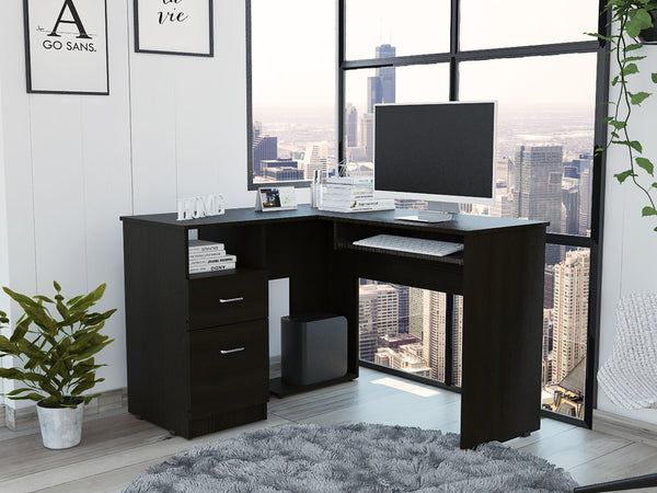 English Elm Mix L-Shaped Desk with Retractable Keyboard Tray, Two Drawers & Open Shelf for Corner Workspaces Black 51.2 L x 21.7 W x 6.7 H B20091961