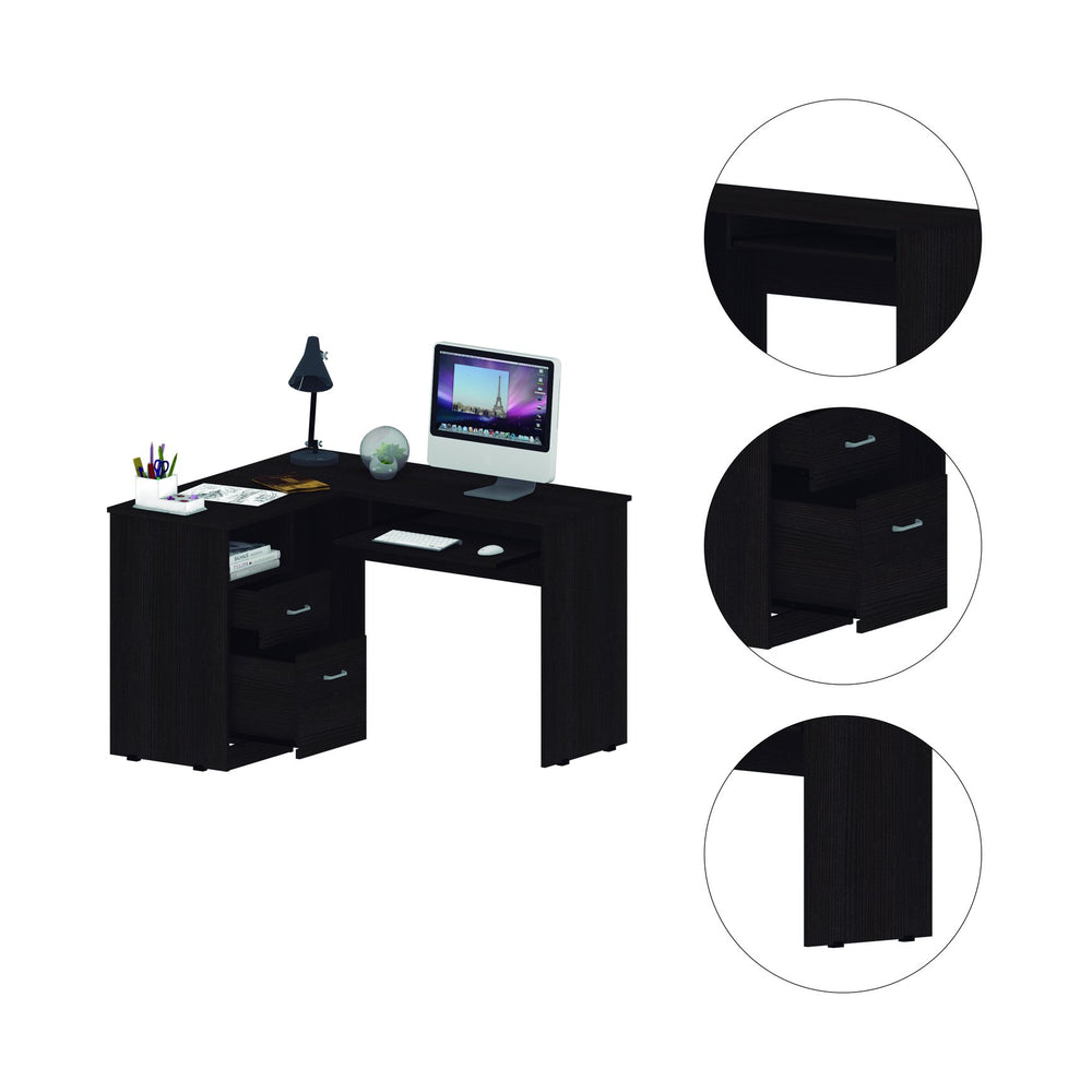 English Elm Mix L-Shaped Desk With Keyboard Tray & Storage Drawers - Modern Black Design For Home Offices B07091961