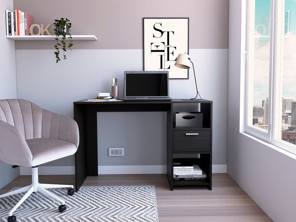 English Elm Computer Desk - Modern Black Workspace With 1 Drawer & 2 Open Shelves For Stylish Organization B097133107