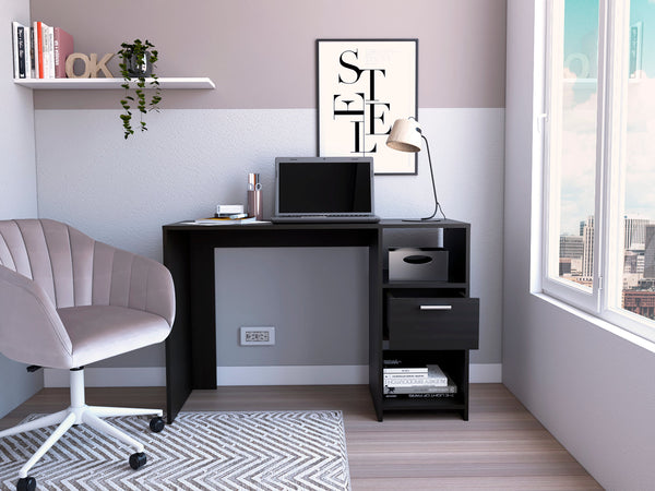 English Elm Computer Desk - Modern Black Workspace With 1 Drawer & 2 Open Shelves For Stylish Organization B097133107
