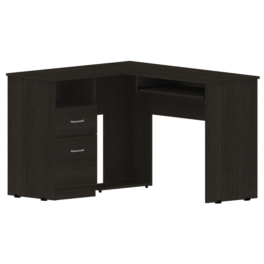 English Elm L-Shaped Modern Desk With Keyboard Tray, 2 Drawers & Open Shelf – Perfect For Home Office Use! B097133035