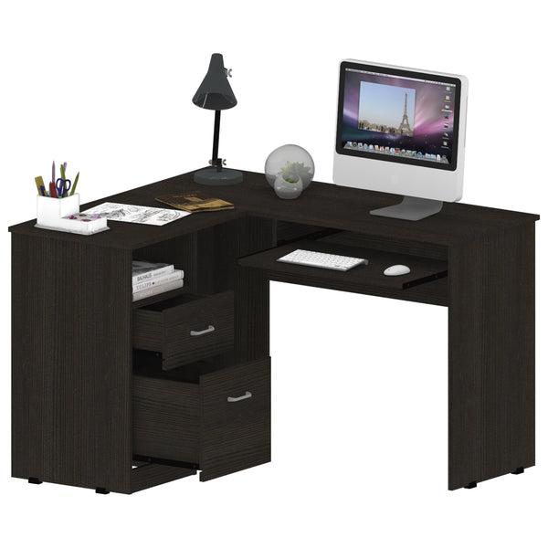 English Elm L-Shaped Modern Desk With Keyboard Tray, 2 Drawers & Open Shelf – Perfect For Home Office Use! B097133035