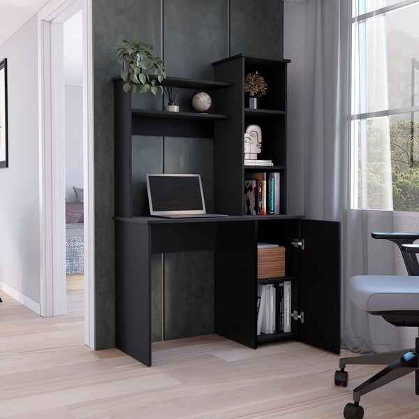 English Elm Muncy Computer Desk with Hutch & Door Cabinet, 25.8"W Work Surface, 3-Tier Shelves, Black Finish B097133101