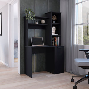 English Elm Muncy Computer Desk with Hutch & Door Cabinet, 25.8"W Work Surface, 3-Tier Shelves, Black Finish B097133101