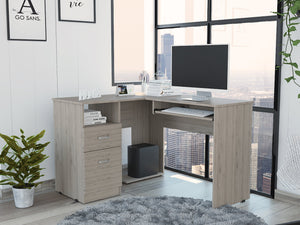 English Elm Mix L-Shaped Desk With Keyboard Tray, Two Drawers & Open Shelf - Modern Light Gray Workspace Solution B07091962