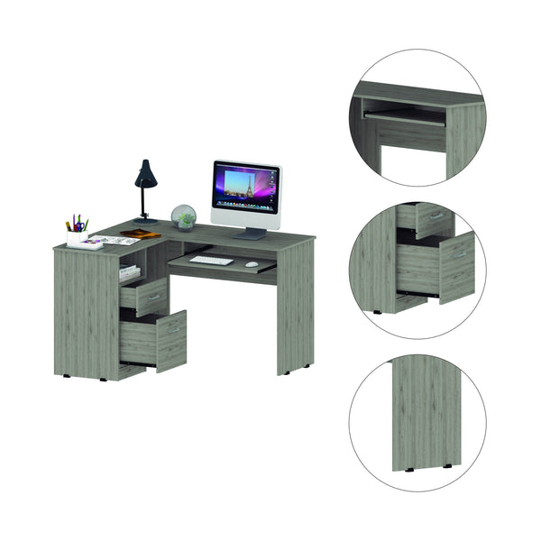English Elm Mix L-Shaped Desk With Keyboard Tray, Two Drawers & Open Shelf - Modern Light Gray Workspace Solution B07091962